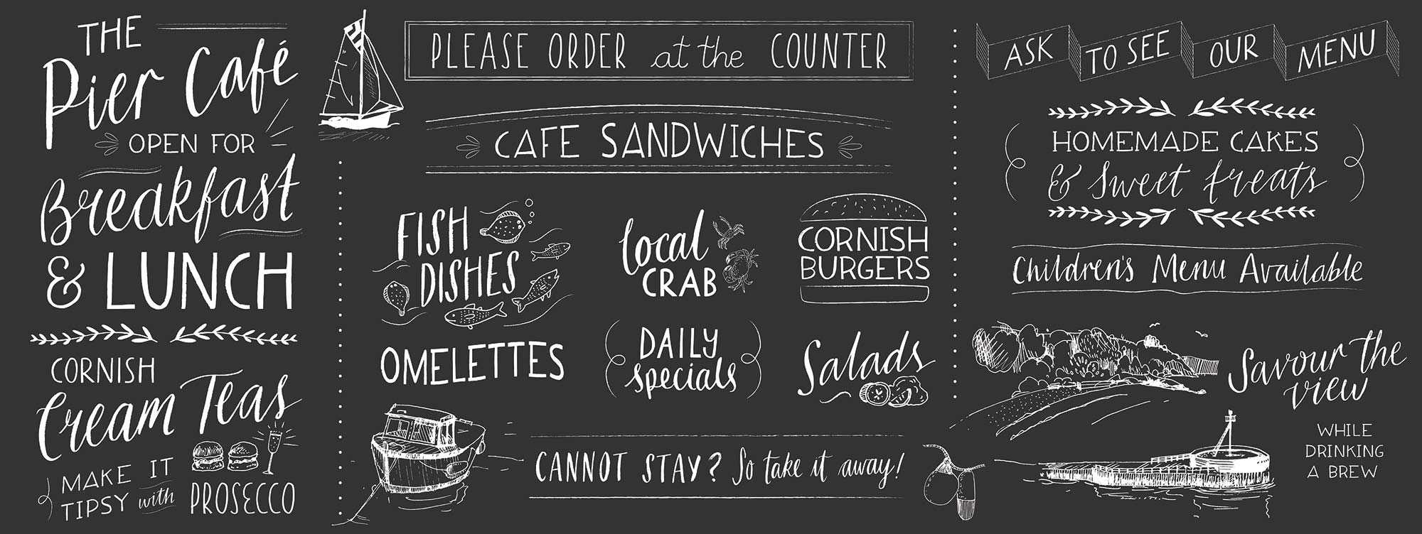 Chalkboard Custom Lettering for Cornish Seaside Cafe by Elly Jahnz, Foxcub Studio