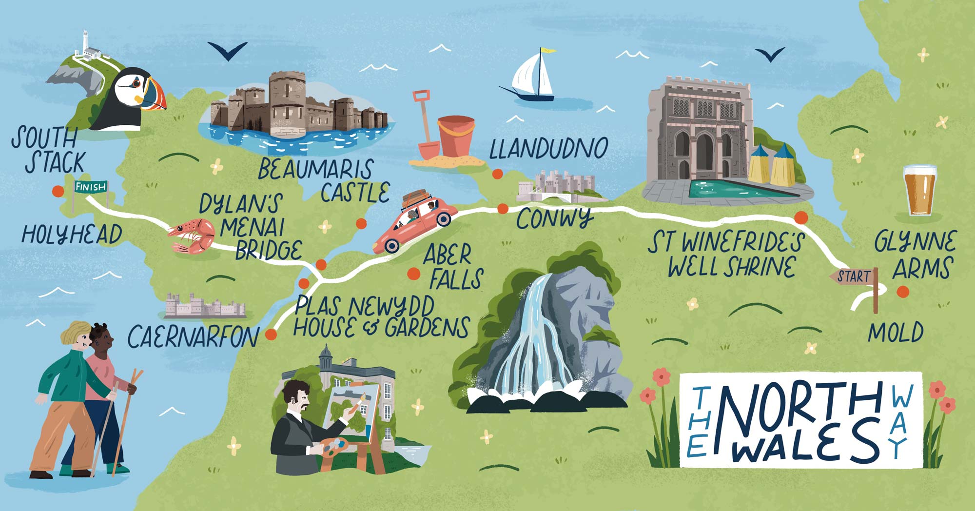 North Wales Way Map for Discover Britain by Elly Jahnz