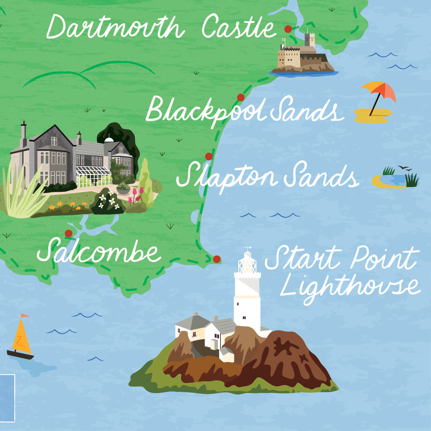 A map of South Devon for Discover Britain magazine by Elly Jahnz