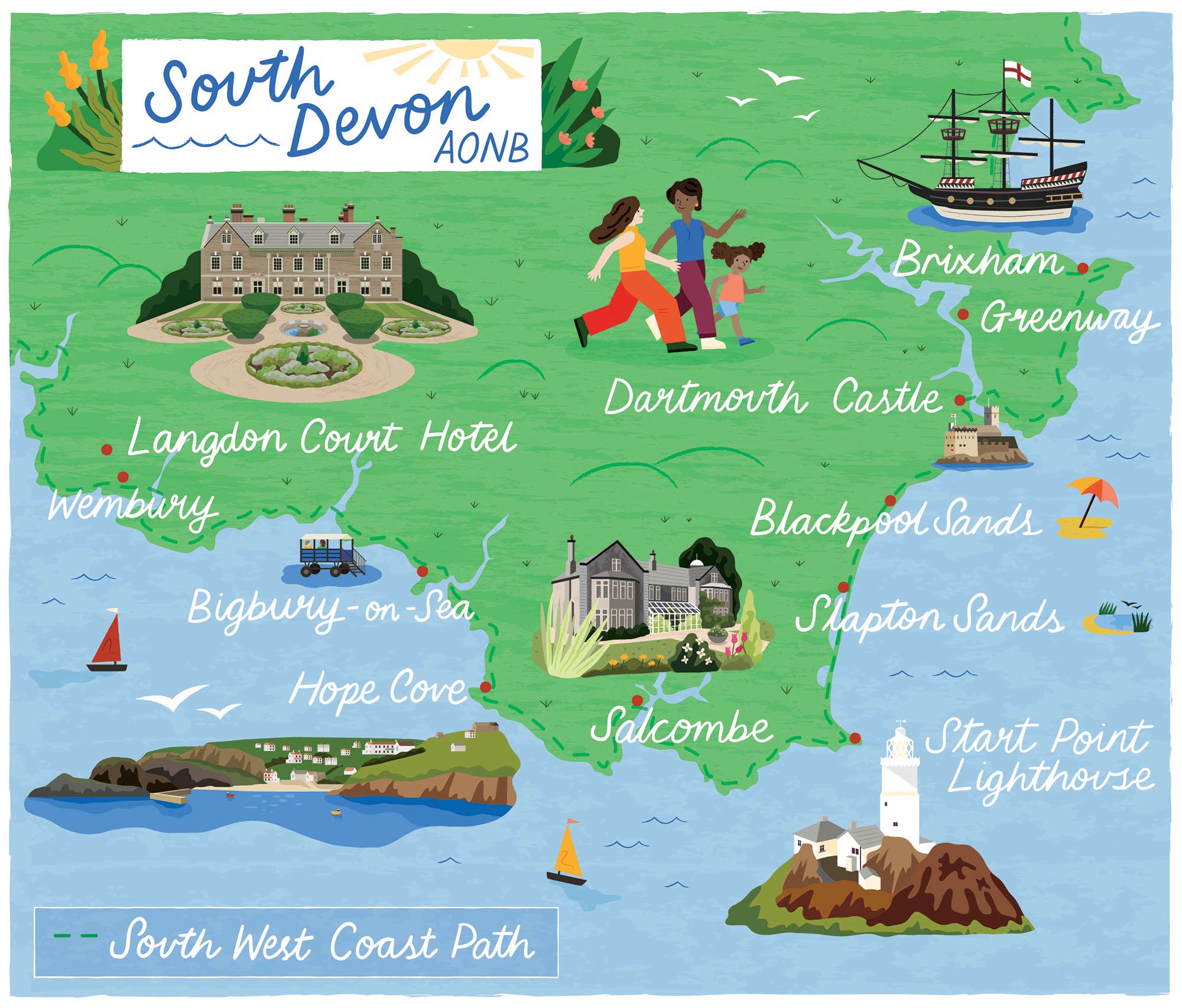 A map of South Devon for Discover Britain magazine by Elly Jahnz