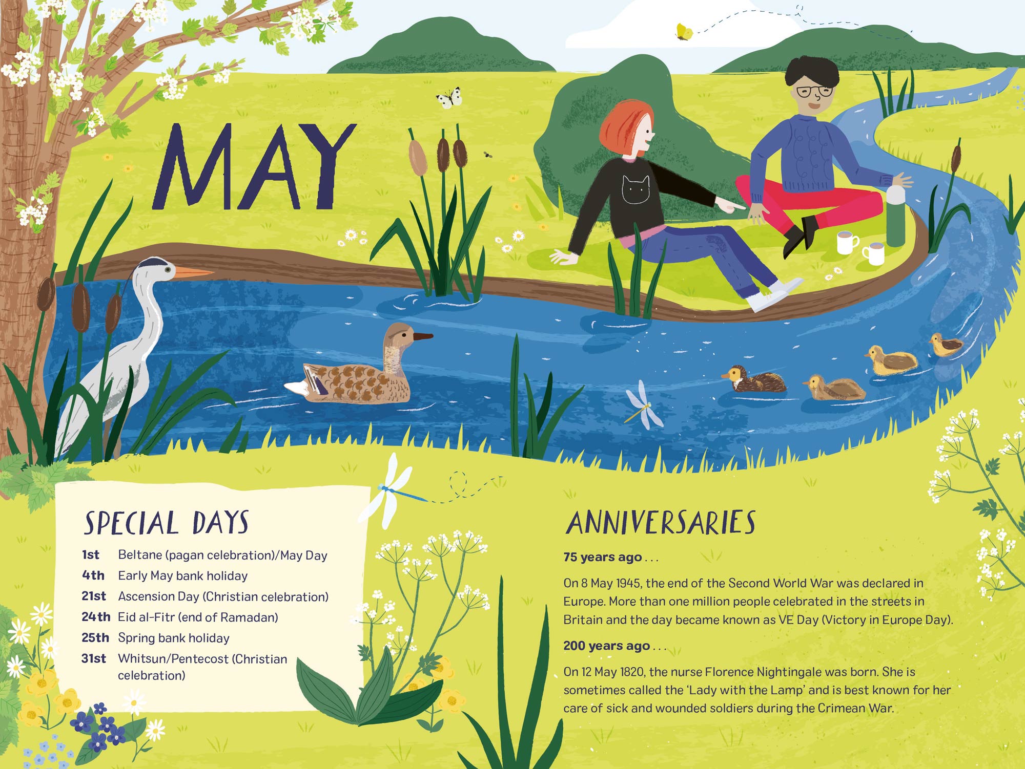 Double Page Spread showing children sat on a riverbank in May, from Nature Month by Month by Elly Jahnz