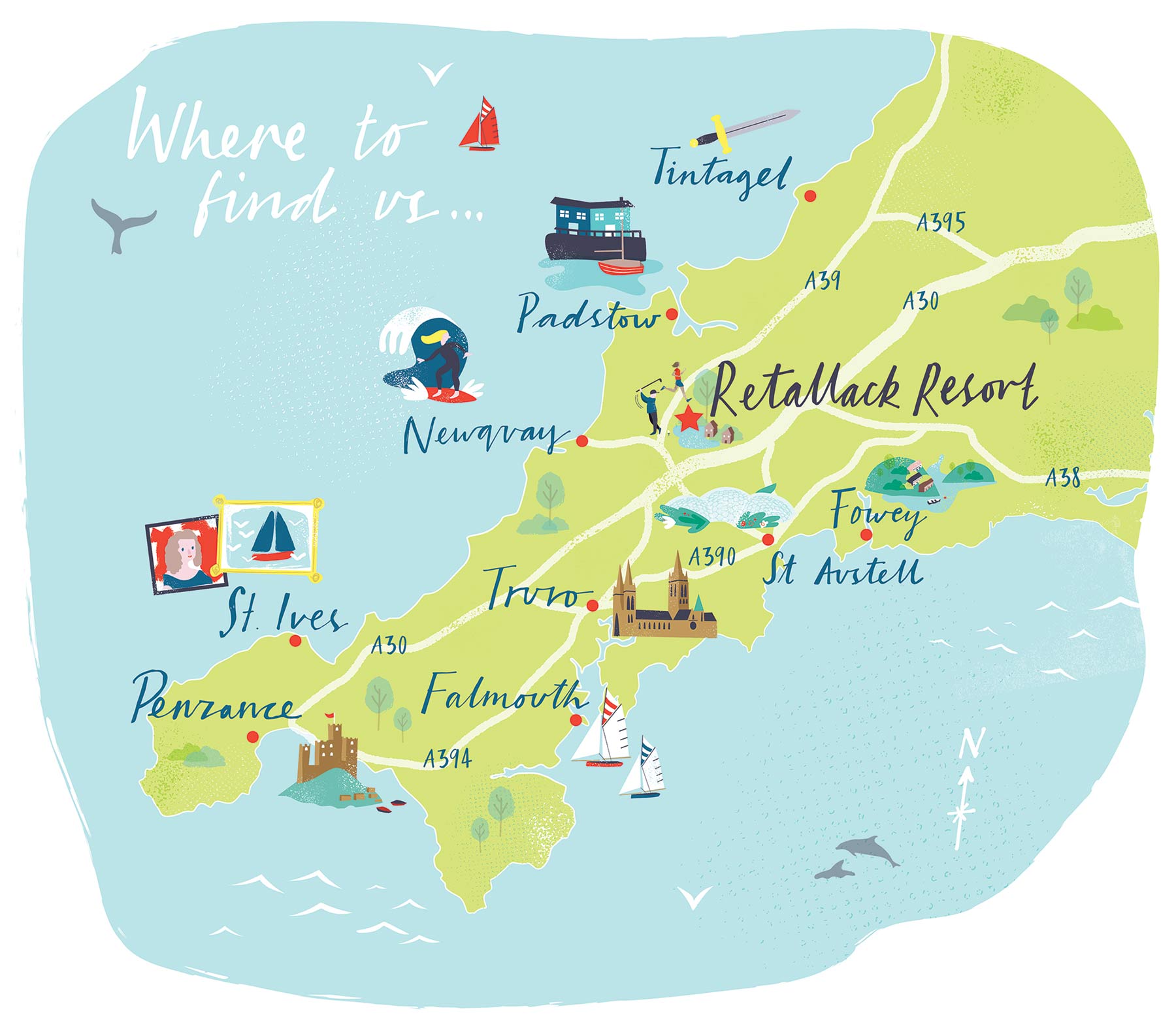 Illustrated Location Map for Retallack Resort & Spa, by Elly Jahnz, Foxcub Studio